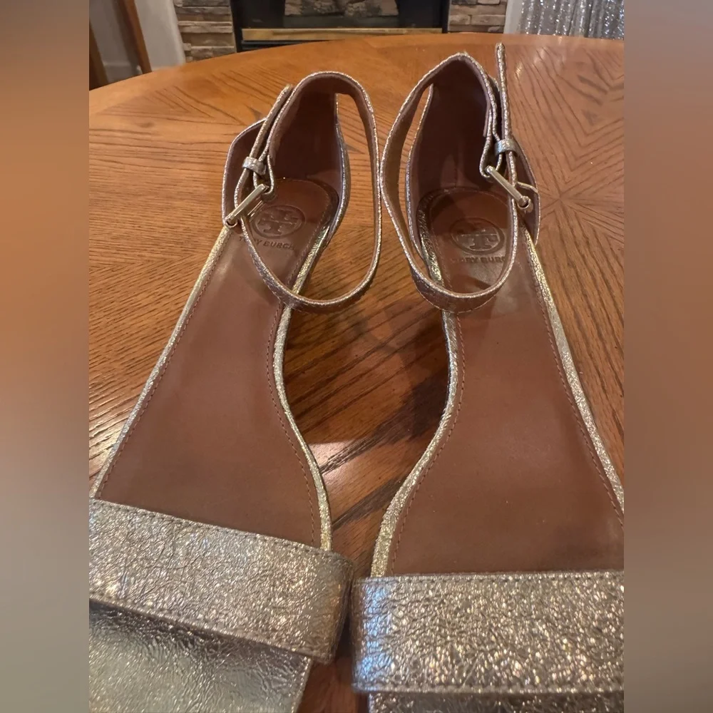 Tory Burch Gold Ankle Strap Wedges 8